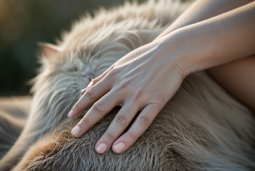 Gros plan d'une main caressant la fourrure d'un chat, geste de bien-être animal pour apprivoiser l'hypersensibilité