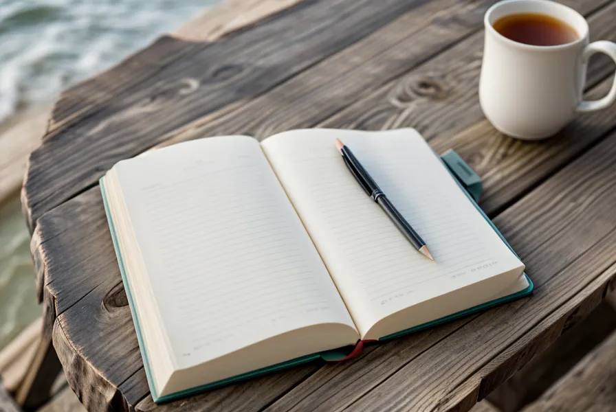 Un carnet ouvert et une tasse de thé sur une table en bois, rituel d'apaisement mental pour une personne hypersensible