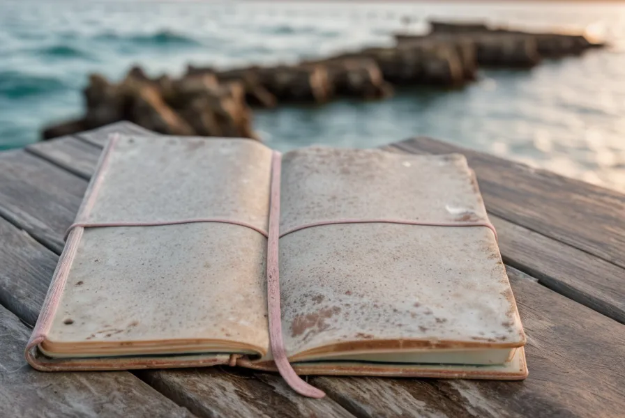 Carnet de notes ouvert et stylo plume sur une table en bois, symbole de bien-être émotionnel et d'hypersensibilité sociale par temps de pluie.